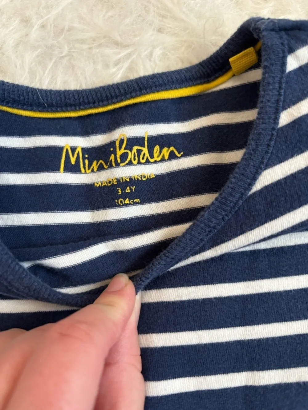 Mini Boden Navy & White Stripe Dress with Color-Block Rainbow 3/4 Sleeve Stripes